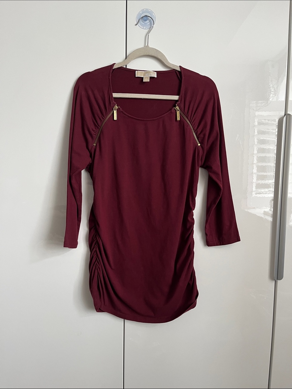 MICHAEL KORS Burgundy Gold Zip Accent Ruched Top, Size L